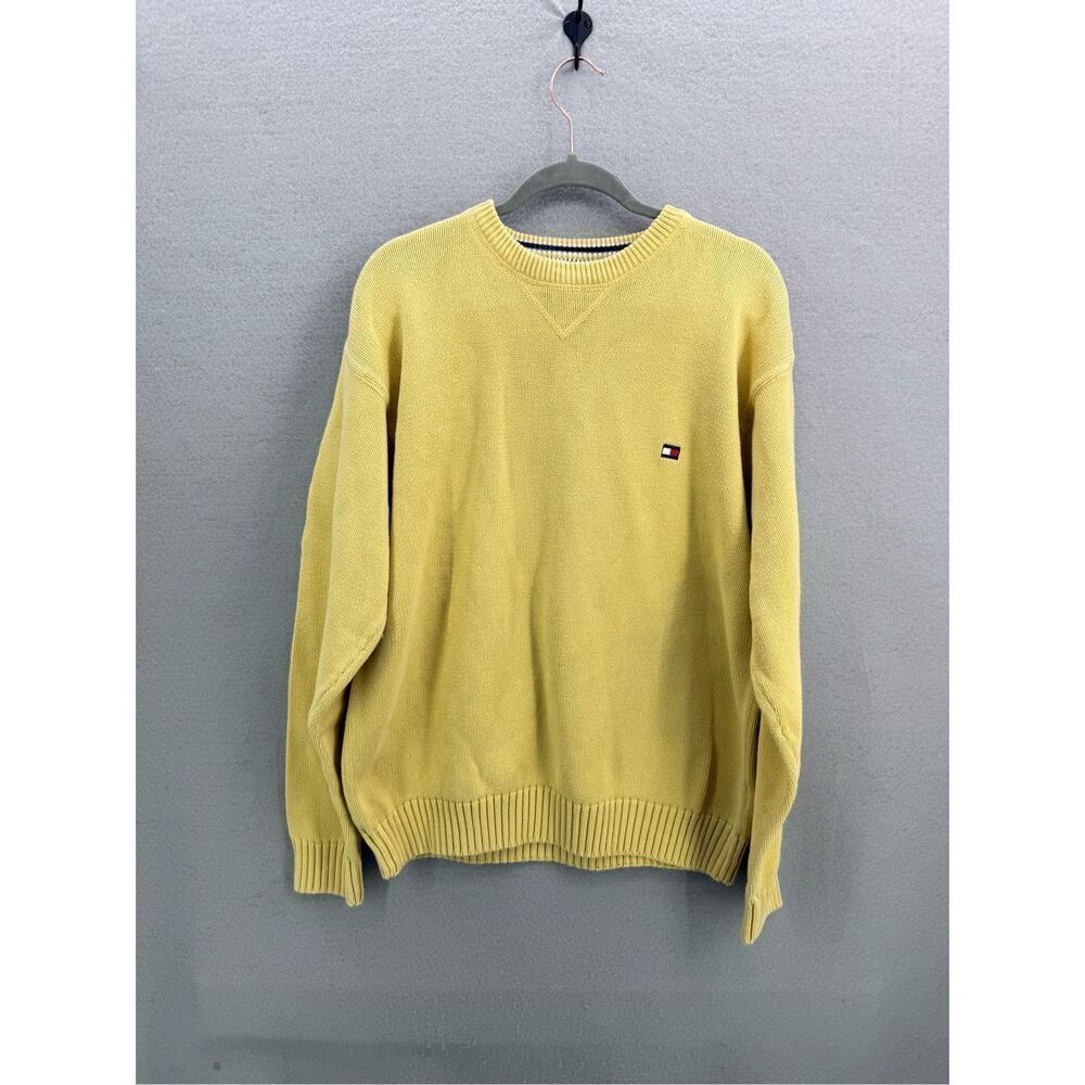Vintage Y2K TOMMY HILFIGER Butter Yellow 100% Cotton Crew Neck Sweater Mens Size